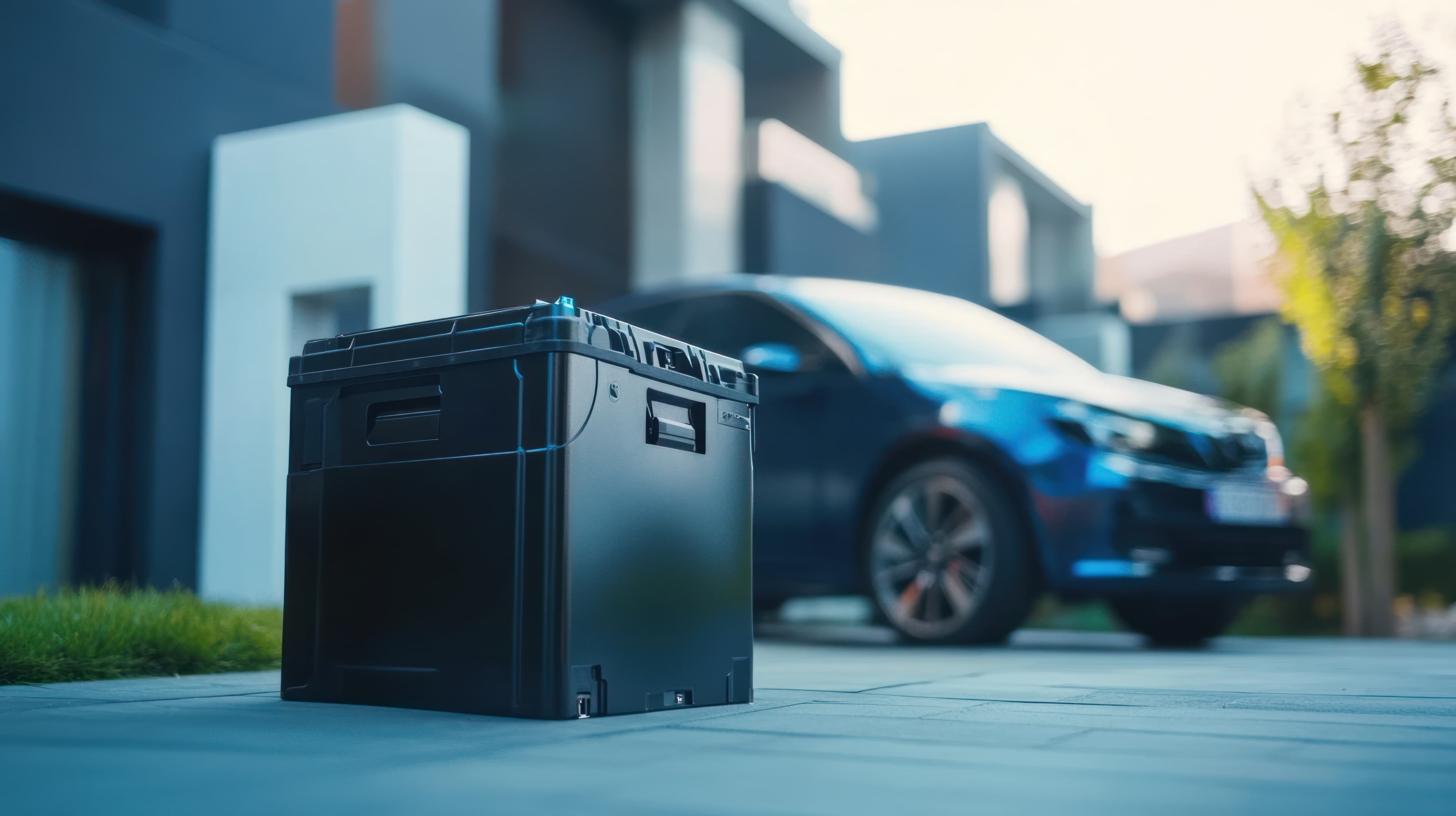 Portable charger in front of a covered vehicle